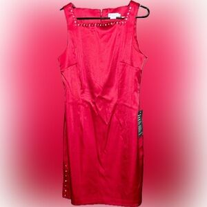 Vintage CDC Red Dress W/Rhinestones Around Neck & Side Slit, Size 10, NWT